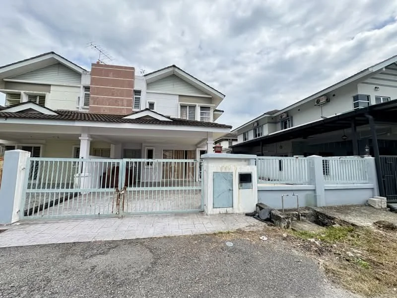 Exterior type: semi-detached house; features: white painted facade, brown tiled roof, front porch with gate, fenced yard, two-storey structure, driveway, manicured lawn, paved walkway, adjacent to another building, visible utility connections; style: modern.