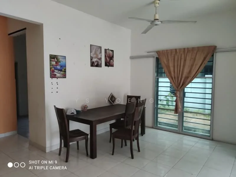Dining features: 4-seater wooden dining table, brown wooden dining chairs, white walls, tiled flooring, ceiling fan, curtains on windows, decorative wall art, floor-to-ceiling windows; style: modern; view: garden.