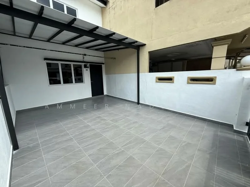 Exterior features: grey tiled flooring, white painted walls, metal roof with beams, two small windows, black door, open space layout; style: modern.