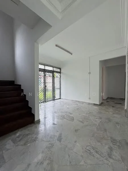 Room features: marble flooring, white painted walls, crown moulding, staircase with wooden steps, large windows with metal grilles, natural light from windows, high ceiling, open layout; style: modern; view: garden.