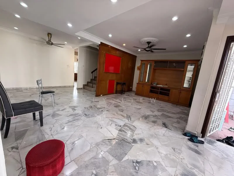 Living features: marble flooring, white painted walls, ceiling fan, recessed downlights, wooden feature wall, built-in wooden cabinet, staircase, open layout, red accent wall, single chair, red ottoman; style: modern.