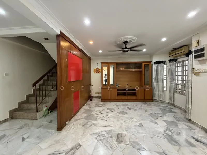 Living features: marble flooring, white painted walls, 5-blade ceiling fan with light, built-in wooden cabinet with glass doors, red accent wall, large windows with sheer curtains, recessed lighting, staircase leading to upper floor; style: modern.