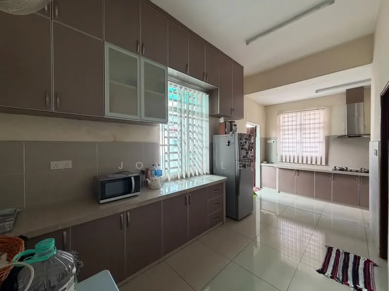 Kitchen features: grey cabinetry, white countertop, stainless-steel fridge, built-in oven, microwave, ceramic tile flooring, double-bowl stainless-steel sink, chrome pull-down faucet, window with horizontal blinds, recessed downlights, open layout, wall-mounted cabinets, kitchen island, back wall with tile cladding; style: modern.