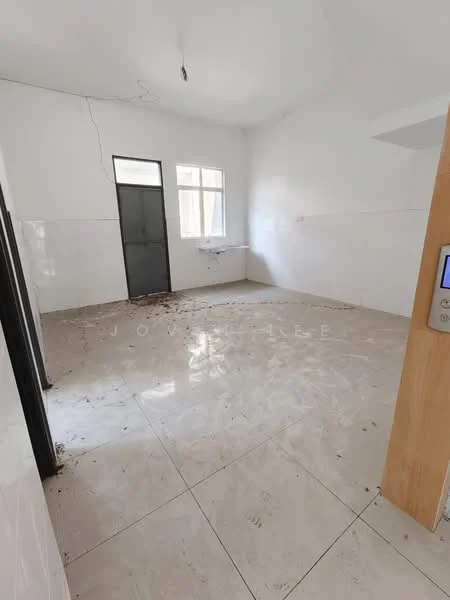 Room features: white painted walls, tile flooring, single window, door with black frame, unfurnished, no visible appliances, no visible furniture, ceiling light fixture.