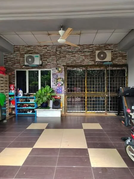Room features: ceiling fan, 2 wall-mounted split ACs, brown tiled flooring, decorative stone accent wall, glass sliding door, security grille, green potted plant, blue shelving unit, various shoes on display, exercise equipment; style: modern.