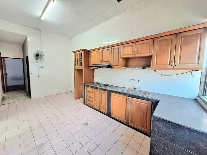 Kitchen features: wood cabinetry, black granite countertop, double-bowl stainless-steel sink, chrome pull-down faucet, 2-burner gas hob, exhaust hood, tile backsplash, ceramic tile flooring, wall-mounted split AC, window with natural light, open layout, light-colored walls. Room features: tile flooring, light-colored walls, doorway leading to another room.