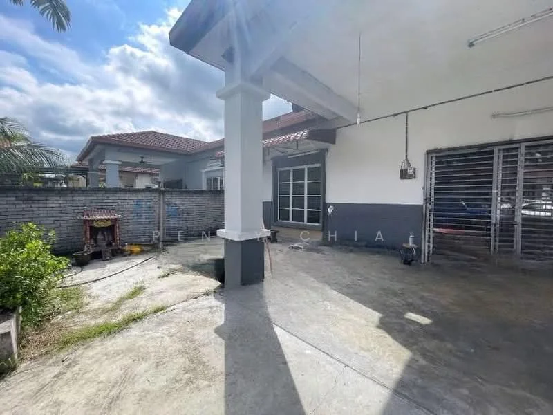Exterior type: detached bungalow; features: concrete flooring, brick wall, metal grilles on windows, gabled roof, manicured garden area, outdoor space with sunlight, driveway, paved walkway; style: modern.