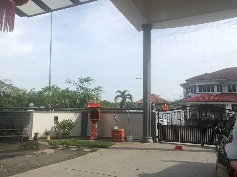 Exterior type: detached bungalow; features: red tiled roof, white painted facade, manicured lawn, stone-paved walkway, decorative lanterns, gated entrance, palm trees, car porch with awning, fence surrounding property; style: modern.