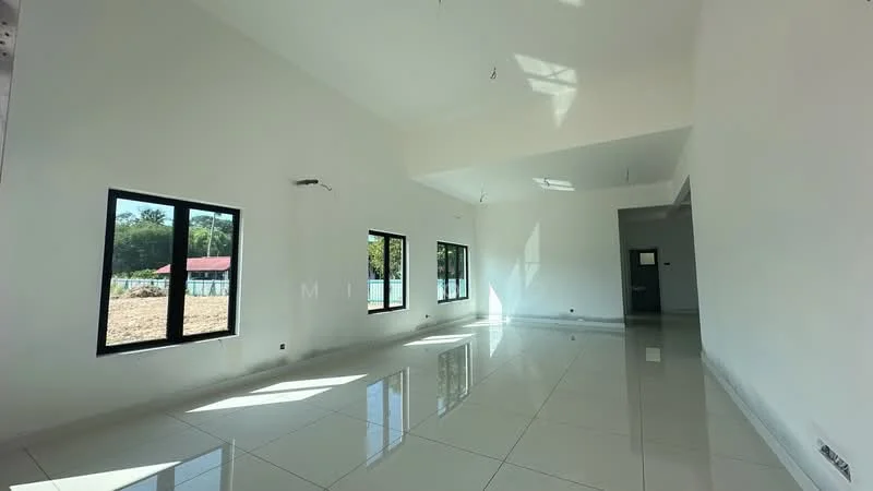 Room features: white painted walls, high ceiling, large windows, black window frames, glossy tile flooring, natural light from windows, minimalist design, open space layout; style: modern; view: garden.