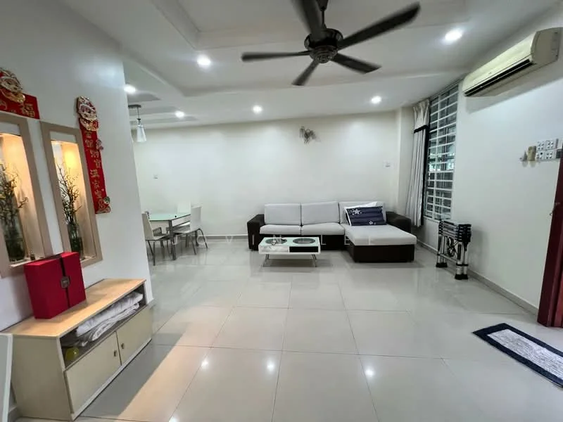 Living features: white painted walls, glossy tile flooring, tray ceiling with recessed lighting, 5-blade ceiling fan, sofa in light grey fabric, coffee table with glass top, TV console, area rug, dining table for four, large windows with sheer curtains, air conditioning unit; style: modern.