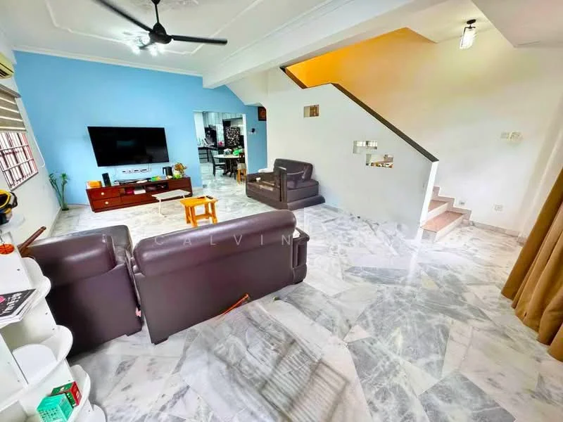Living features: marble flooring, blue accent wall, white painted walls, ceiling fan, wall-mounted TV, brown leather sofas, wooden coffee table, decorative shelving unit, staircase leading to upper floor, natural light from windows, curtains, light fixture; style: modern.