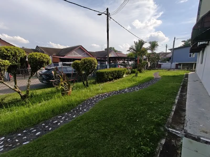 Exterior features: manicured lawn, stone-paved walkway, palm trees, hedges, residential street view, power lines, surrounding houses.