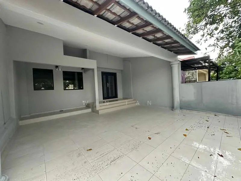 Exterior features: grey painted walls, flat roof, large windows, porch area with steps, tiled flooring, surrounded by greenery, covered outdoor area; style: modern.