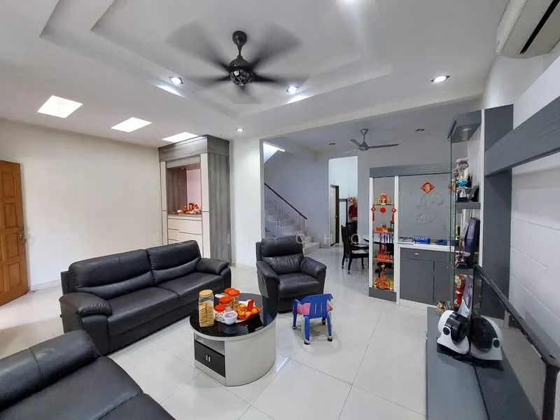 Living features: 3-seater leather sofa in black, 2-seater leather sofa in black, coffee table with circular design, ceiling fan with light, recessed downlights, white painted walls, glossy tile flooring in white, decorative wall unit, TV console, wall-mounted TV, area rug, decorative items on shelves, staircase visible in background, open layout to kitchen area; style: modern.