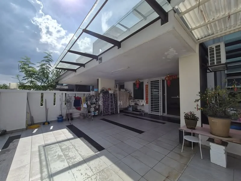 Exterior features: covered terrace, glass roof panels, ceramic tile flooring, outdoor seating area, laundry area with drying racks, planters with greenery, sliding glass doors, exposed beams, outdoor lighting, wall-mounted air conditioning unit; style: modern.