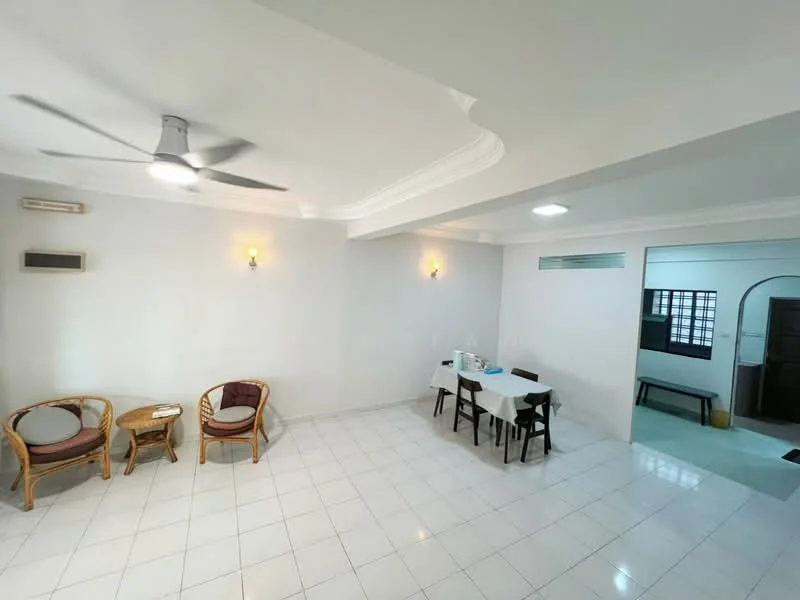 Living features: white painted walls, polished ceramic tile flooring, tray ceiling, 5-blade ceiling fan with light, two wall sconces, dining table with chairs, two rattan chairs with small side table, open layout to adjacent room; style: modern. Room features: white painted walls, polished ceramic tile flooring, doorway leading to another room.