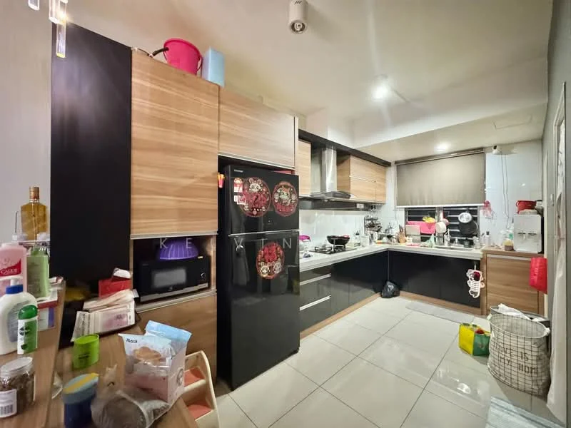 Kitchen features: black refrigerator, built-in oven, stainless-steel sink, chrome pull-down faucet, laminate cabinetry in wood finish, black countertop, ceramic tile flooring, wall-mounted range hood, kitchen island, microwave, various kitchen appliances, open shelving, window with sheer curtains, multiple storage containers; style: modern.