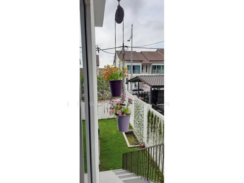 Room features: hanging flower pots, green grass, white wall, outdoor view, stairs leading down; view: garden.