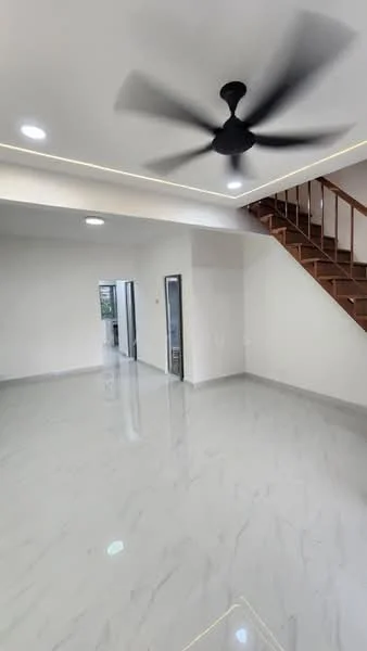 Living features: marble tile flooring, white painted walls, 5-blade ceiling fan, recessed downlights, staircase with wooden railing, large windows for natural light, open layout, no visible furniture; style: modern.