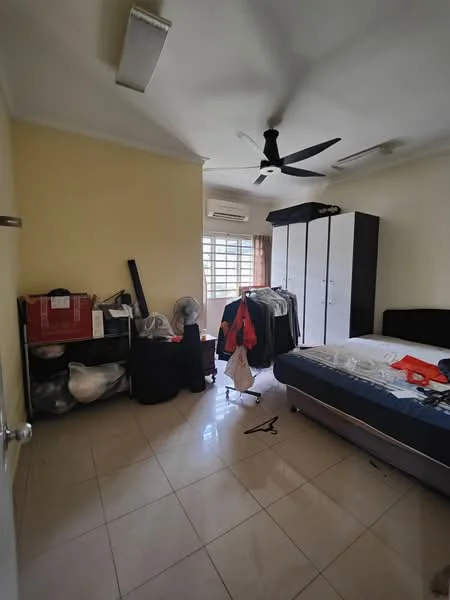 Bedroom features: cream painted walls, tile flooring, ceiling fan, window with curtains, built-in wardrobe with sliding doors, queen-size bed with bedding, clothes rack, various bags and items on the floor.