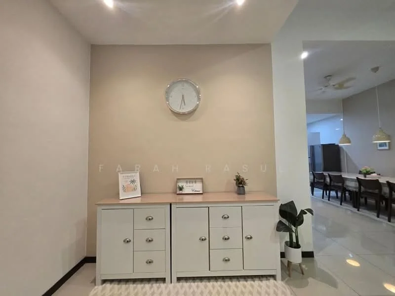 Room features: light beige painted walls, white ceiling, wall clock, wooden sideboard with drawers, neutral-colored tabletop, recessed downlights, polished ceramic tile flooring; style: modern.