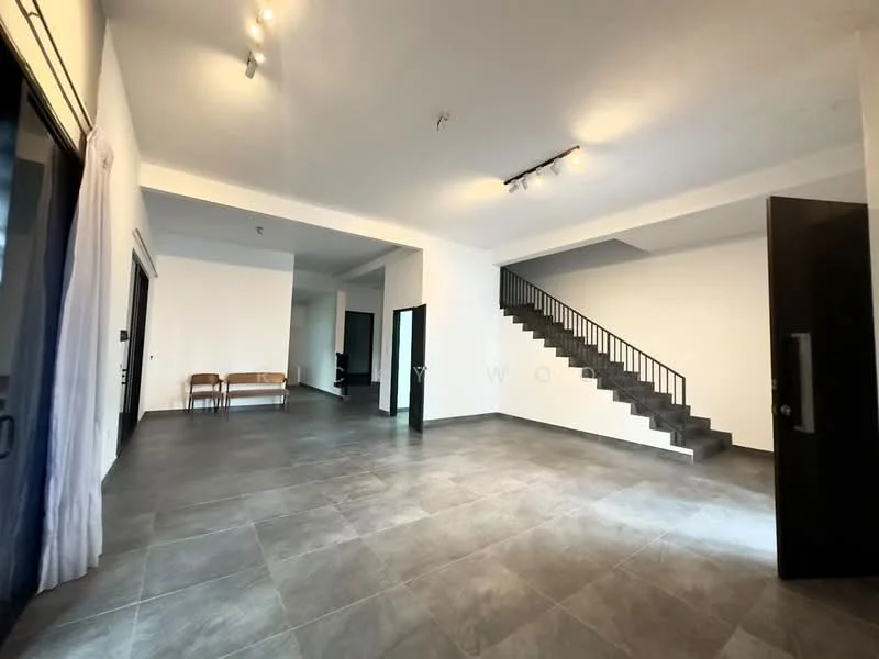 Room features: grey tile flooring, white painted walls, recessed downlights, staircase with black railing, large windows, double doors, open layout, high ceiling; style: modern.