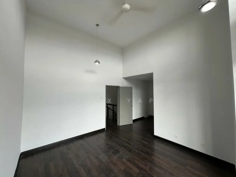 Room features: white painted walls, dark wood flooring, ceiling fan, recessed downlights, pendant light, doorway leading to another room, high ceiling; style: modern.