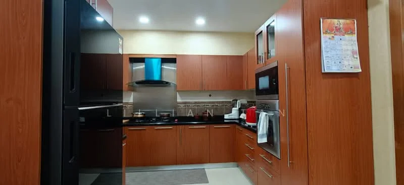 Kitchen features: dark wood cabinetry, black refrigerator, built-in oven, stainless-steel range hood, black countertop, ceramic tile backsplash, stainless-steel sink, chrome pull-down faucet, microwave, kettle, toaster, 3-blade ceiling fan, recessed LED downlights, area rug with geometric pattern; style: modern.