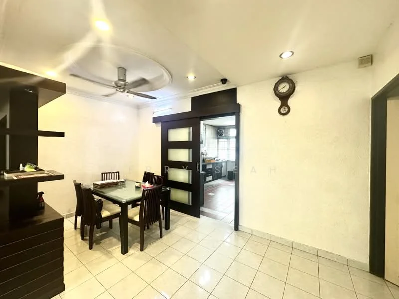 Dining features: square dining table with glass top, 4 wooden dining chairs, ceiling fan, wall clock, white painted walls, tiled flooring, built-in shelving unit, door with frosted glass panels; style: modern. Room features: light-colored walls, tiled flooring.