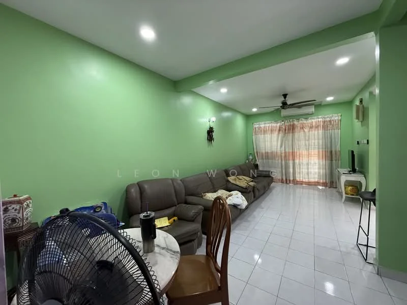 Living features: green painted walls, white tiled flooring, 3-seater brown leather sofa, 2-seater brown leather sofa, ceiling fan, curtains with a striped pattern, round dining table, wooden dining chair, wall-mounted air conditioning unit, decorative wall sconce, floor fan; style: modern.