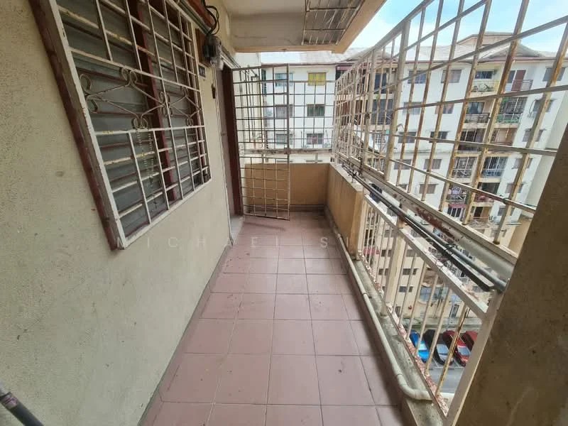 Room features: tiled flooring, metal railing, grilled window, balcony space, exterior wall with paint, overhead awning, view of adjacent buildings, open-air layout; view: city.