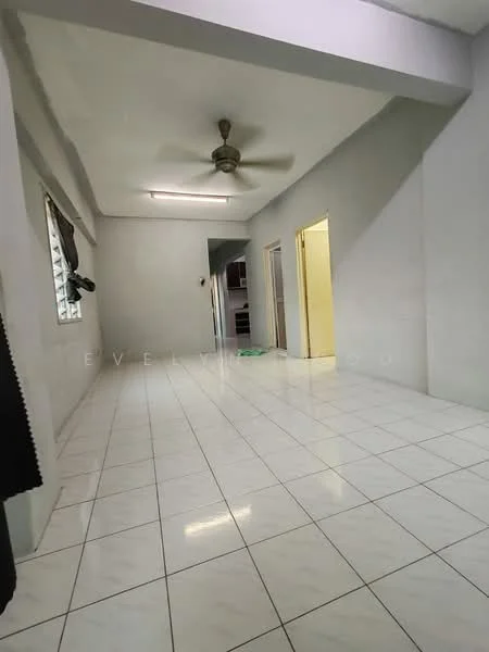 Living features: white painted walls, marble tile flooring, 5-blade ceiling fan, large window with sheer curtains, doorway leading to kitchen, doorway leading to hallway, neutral color scheme, open layout; style: modern.