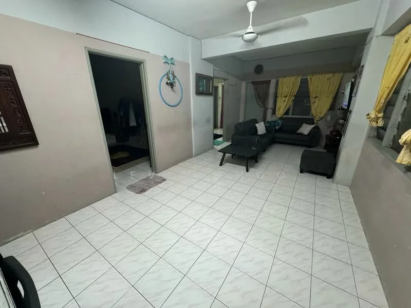 Living features: white painted walls, tile flooring, 5-blade ceiling fan, sofa set in dark grey, coffee table, curtains in yellow, wall-mounted decorative panel, open layout, windows with grills; style: modern. Room features: doorway leading to another room, light fixture, open space.