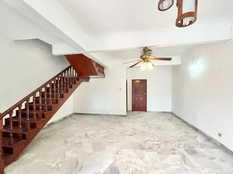 Living features: marble flooring, white painted walls, 5-blade ceiling fan with light, wooden staircase, door leading to hallway, recessed lighting, large open space, natural light from windows; style: modern.