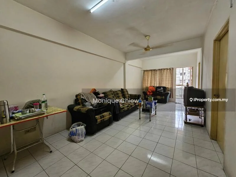 Living features: white painted walls, tiled flooring, 5-blade ceiling fan with light, sofa with patterned upholstery, coffee table, TV console, curtains, dining table with chairs, decorative items on table.