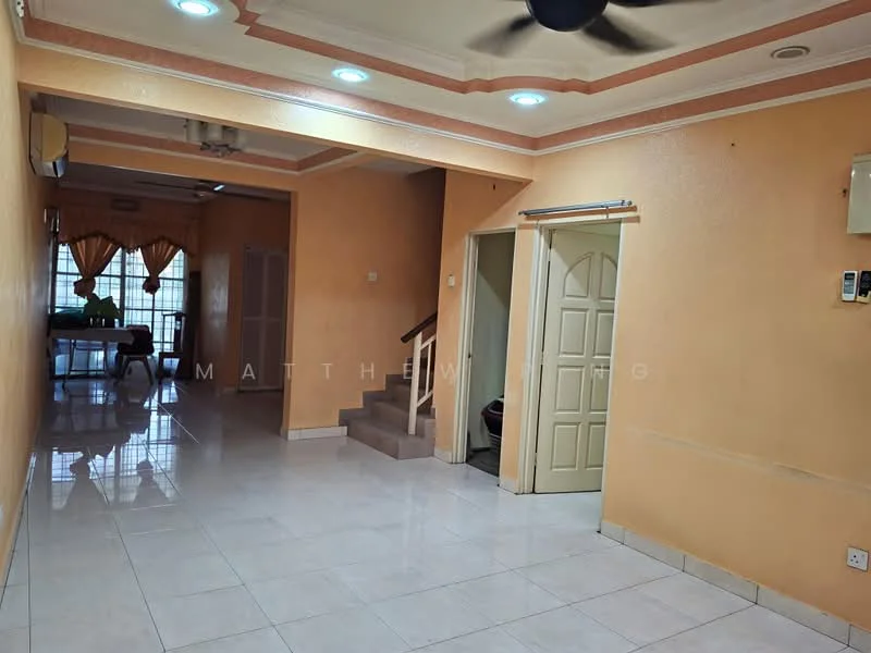 Room features: cream painted walls, white ceiling with recessed downlights, marble tile flooring, staircase leading to upper floor, wall-mounted air conditioning unit, window with sheer curtains, doorway leading to another room, light fixture on ceiling, open space layout; style: traditional.