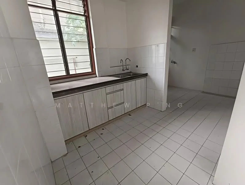 Kitchen features: single-bowl stainless-steel sink, chrome pull-down faucet, laminate countertop, wood cabinetry with light finish, white tiled walls, white tiled flooring, window with grid design, open layout; style: modern.