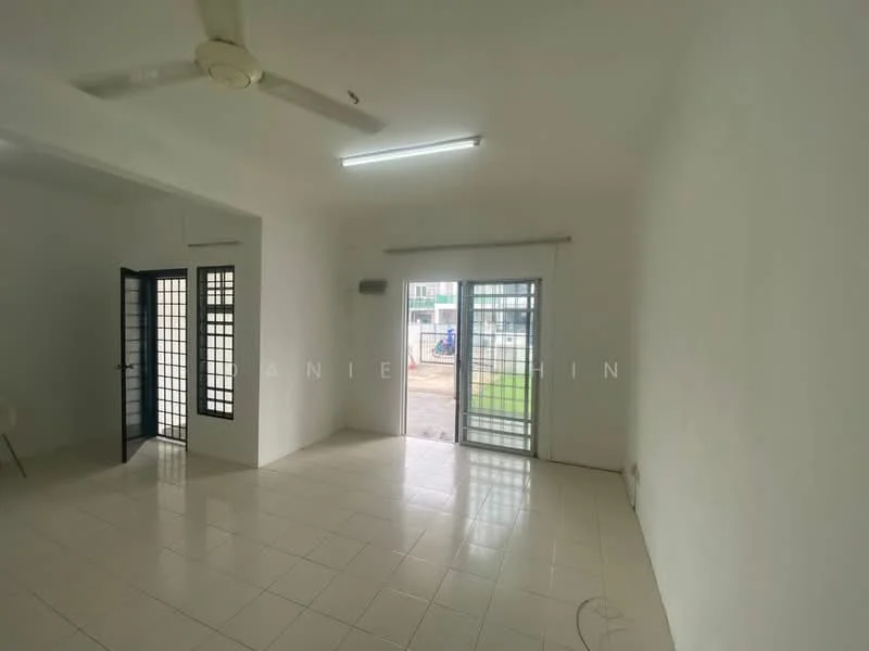 Living features: white painted walls, glossy tile flooring, 5-blade ceiling fan, sliding glass door, floor-to-ceiling windows, air conditioning unit, natural light from windows, open layout.