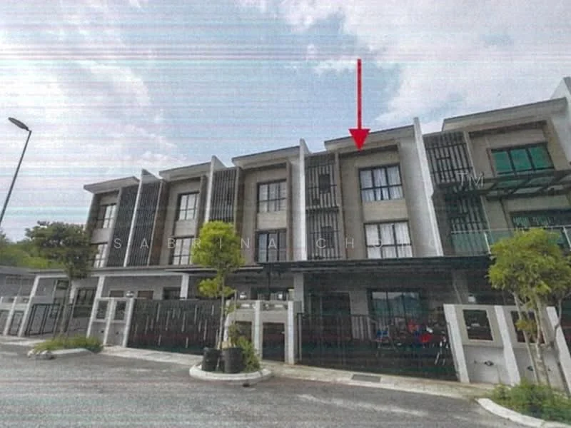 Exterior type: linked terrace house; features: white painted facade, flat roof, 2-storey building, glass windows, metal grilles on windows, manicured landscaping, driveway with interlocking pavers, parking area, surrounded by greenery; style: modern.