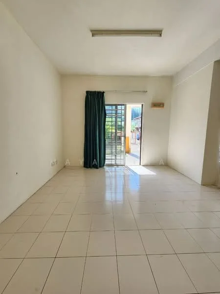 Room features: white painted walls, glossy white tile flooring, sliding glass door, green curtain, ceiling lights, no visible furniture, natural light from door, empty space.