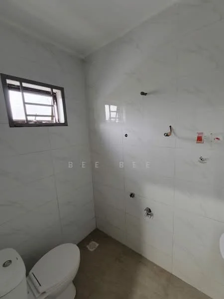 Bathroom features: white tiled walls, grey floor tiles, one-piece toilet, shower with wall-mounted faucet, small window for natural light, chrome shower head, wall-mounted soap holder, toilet paper holder; style: modern.