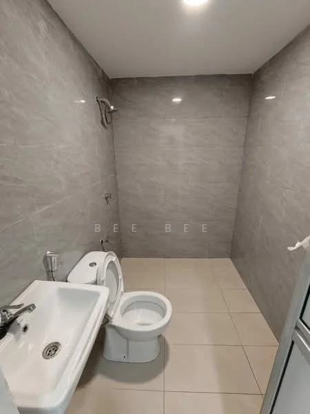 Bathroom features: grey tiled walls, white tiled flooring, single-sink vanity with chrome faucet, one-piece toilet, shower with wall-mounted faucet, mirror above sink, recessed ceiling lights; style: modern.