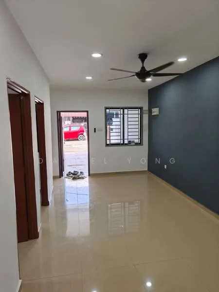 Living features: white painted walls, dark blue accent wall, glossy tile flooring, recessed LED downlights, 5-blade ceiling fan, window with black grille, air conditioning unit, doorway leading to hallway; style: modern.
