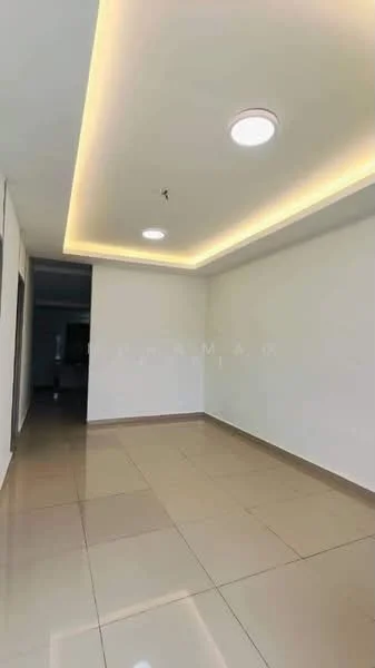 Room features: white painted walls, glossy ceramic tile flooring, recessed downlights, LED strip lighting on ceiling, smooth ceiling, single ceiling light fixture; style: modern.
