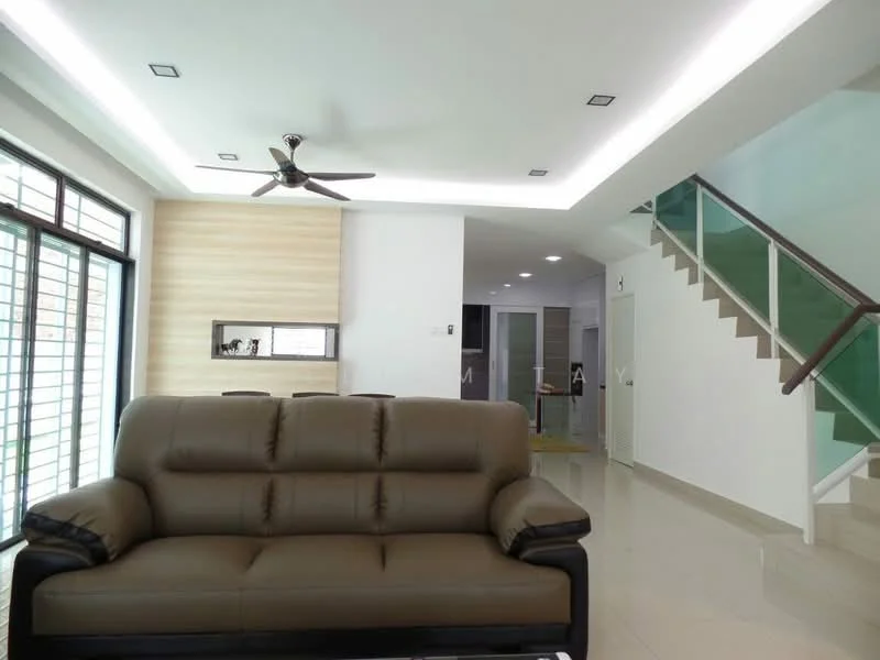 Living features: 3-seater leather sofa in brown, ceiling fan with light, recessed LED downlights, white painted walls, cream tiled flooring, large windows with black grills, wood feature wall, open layout to staircase; style: modern. Room features: staircase with glass railing, white walls, tile flooring.