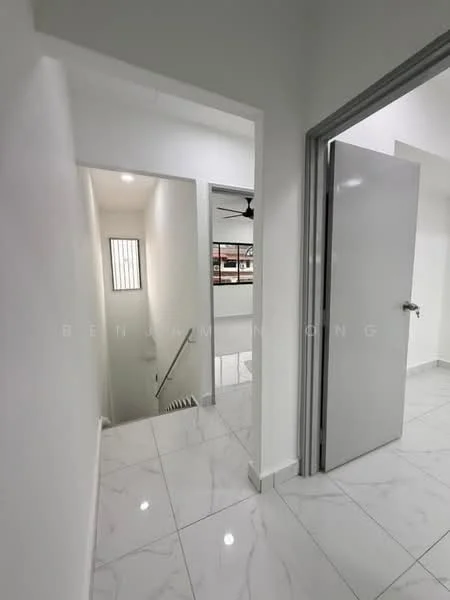 Room features: white painted walls, marble tile flooring, recessed downlights, staircase leading down, window with grille, door with handle, neutral color scheme; style: modern.