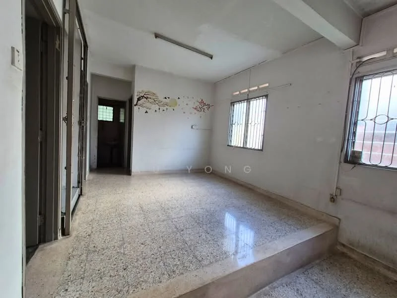 Room features: white painted walls, granite flooring, ceiling light fixture, two windows with metal grills, corner step-up area, decorative wall art, doorway leading to another room; style: minimalist.