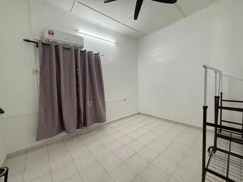 Room features: white painted walls, tile flooring, ceiling fan, window with sheer curtains, light fixture on ceiling, folding rack, air conditioning unit, neutral color scheme; style: minimalist.