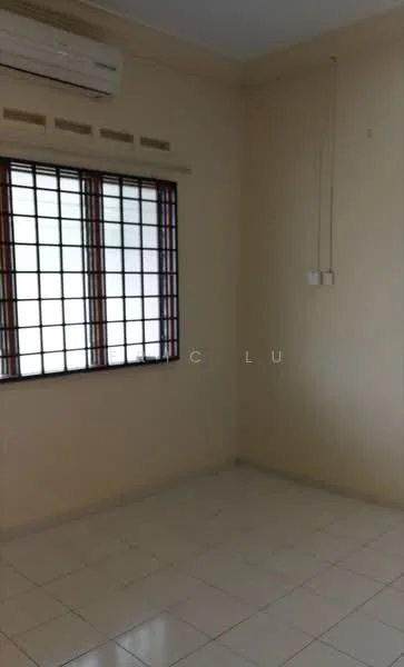 Room features: white painted walls, tile flooring, 1 wall-mounted split AC, window with grid design, neutral color scheme.