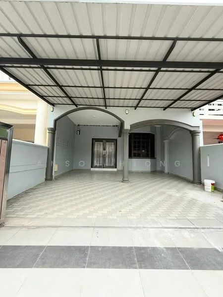 Exterior type: linked terrace house; features: covered car porch, grey painted facade, arched columns, paved driveway, metal roof, front entrance with double doors, wall-mounted lights, decorative wall panels; style: modern.